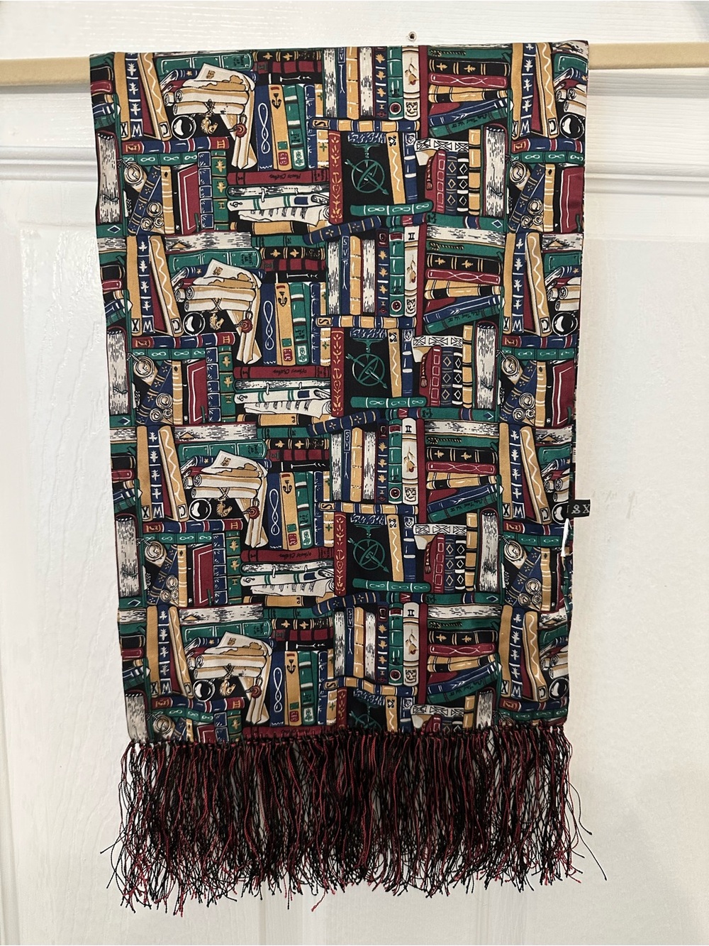 Silk pattern preppy Multicolor Book Pattern Fringe Scarf